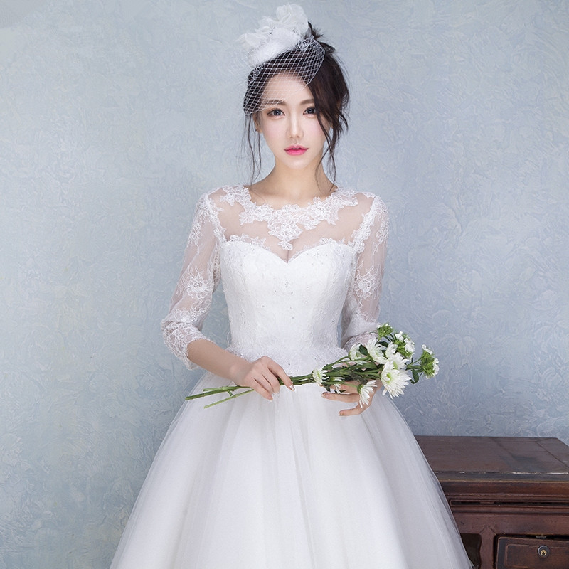 秋冬季新款短款婚纱礼服新娘韩式双肩长袖伴娘婚纱修身显瘦女