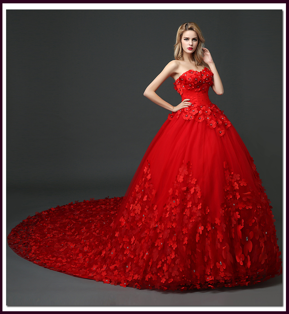 新款韓式公主紅色花朵新娘婚紗禮服長拖尾抹胸修身