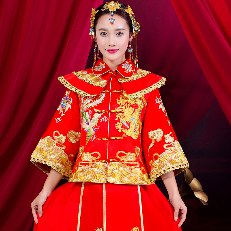 新娘秀禾服敬酒服新款刺绣长款旗袍复古结婚礼服中式嫁衣喜服
