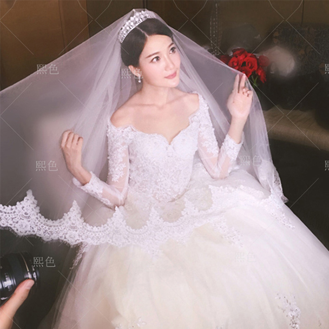 新款韓式修身顯瘦一字肩長袖婚紗禮服蕾絲長拖尾新娘