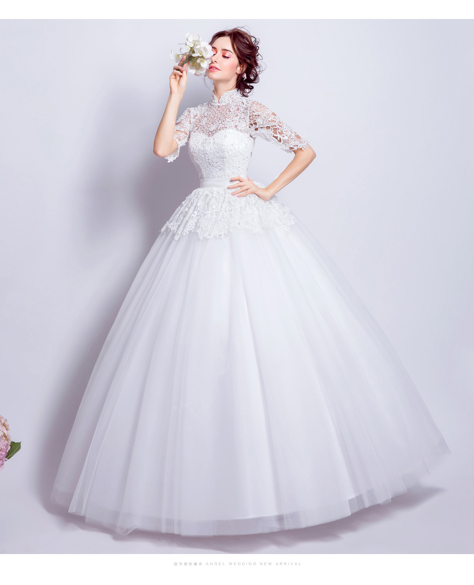 奢華蕾絲鏤空露背公主新娘中式立領齊地婚紗禮服