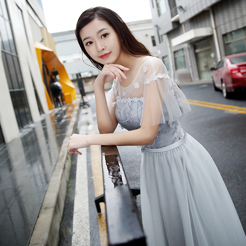 秋冬新款韓式伴娘服灰色長款婚禮伴娘團姐妹裙主持人禮服