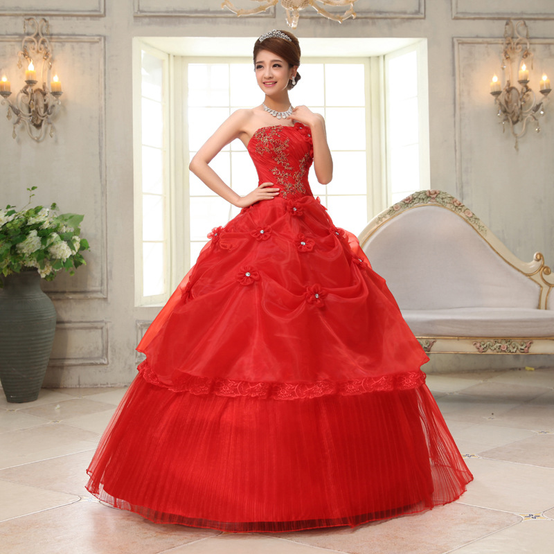 新款豪華大紅色蕾絲繡花顯瘦婚紗新娘結婚禮服婚紗