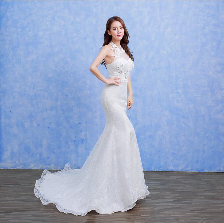新娘婚紗韓式蕾絲魚尾裙修身顯瘦小拖尾結婚禮服秋冬A14