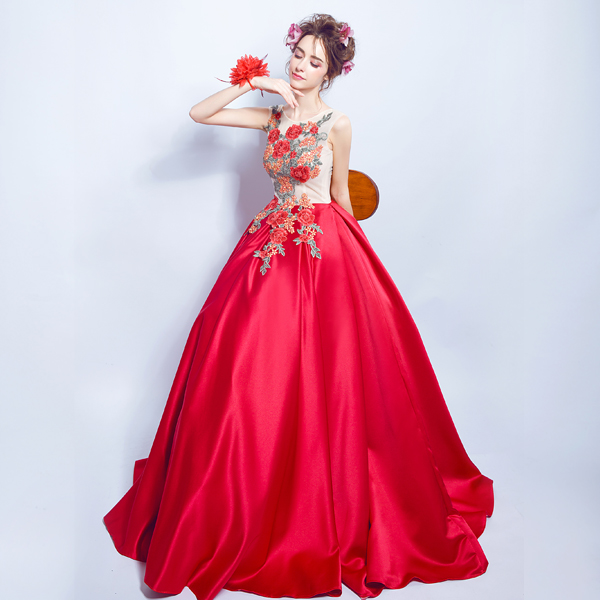 紅色花朵刺繡性感露背新娘結婚敬酒服長款婚紗晚宴年會禮服