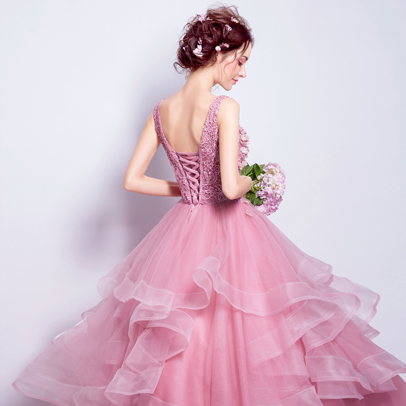 蔷薇粉色花朵蕾丝新娘结婚敬酒服婚礼晚宴年会长款婚纱礼服