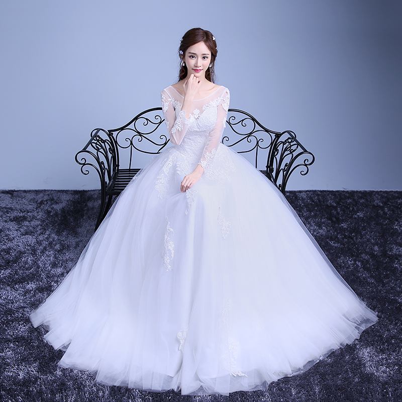 韩式长袖齐地婚纱礼服冬季新款新娘结婚蓬蓬婚纱K60