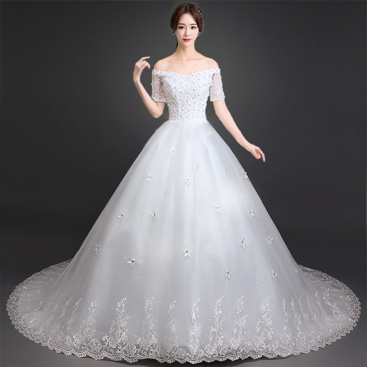 新款冬季婚紗禮服新娘齊地韓式大碼顯瘦一字肩長袖長拖尾