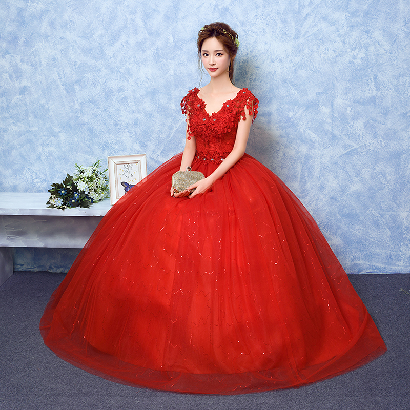 婚纱礼服新款新娘一字肩红色冬季宫廷复古显瘦公主韩齐地婚纱