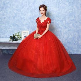 婚纱礼服新款新娘一字肩红色冬季宫廷复古显瘦公主韩齐地婚纱