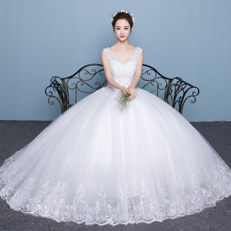 婚紗禮服韓式雙肩V領顯瘦公主大碼齊地修身新娘婚禮