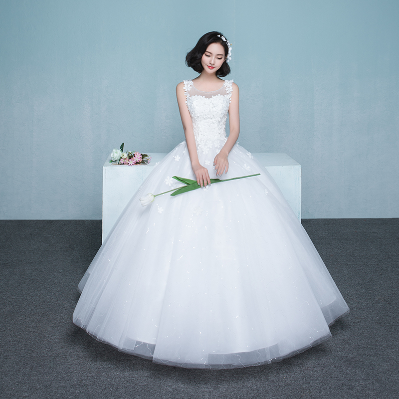 新娘婚紗 新款冬季韓式雙肩顯瘦花朵婚紗禮服齊地婚禮