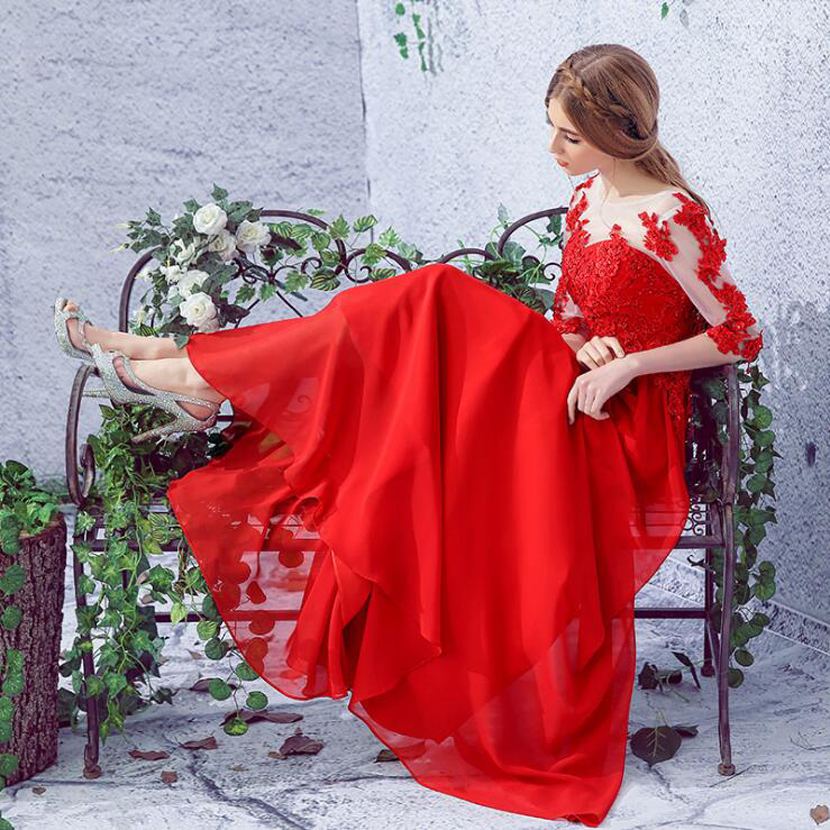 歐美大紅色高檔蕾絲透視網紗新娘婚紗敬酒服0001