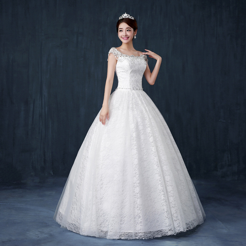 新款婚紗禮服韓式簡約一字肩高檔鉆蕾絲綁帶包肩顯瘦修身9