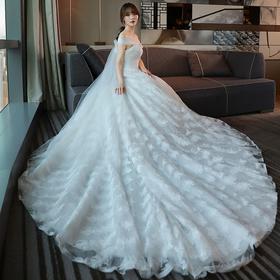 婚紗禮服 新款一字肩長拖尾韓式新娘結婚公主簡約大碼婚紗