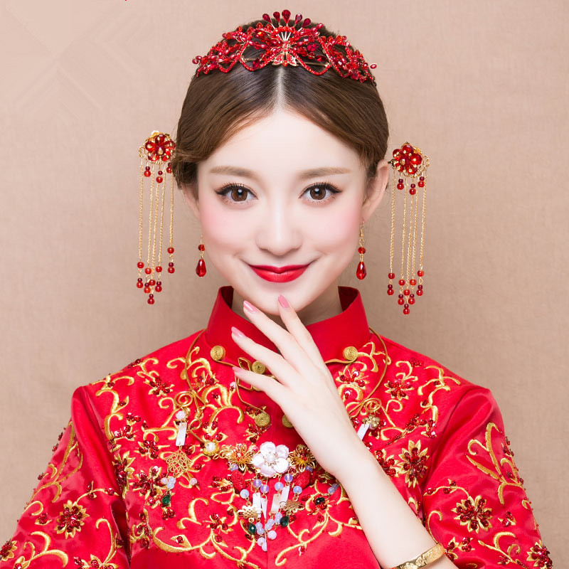 新娘红金色古装头饰套装中式婚礼凤冠古典秀禾服龙凤褂发饰品