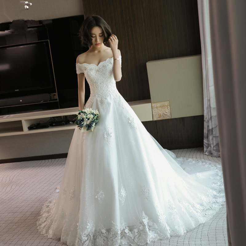 婚紗禮服新款新娘結婚韓式奢華一字肩長拖尾修身顯瘦齊地公主