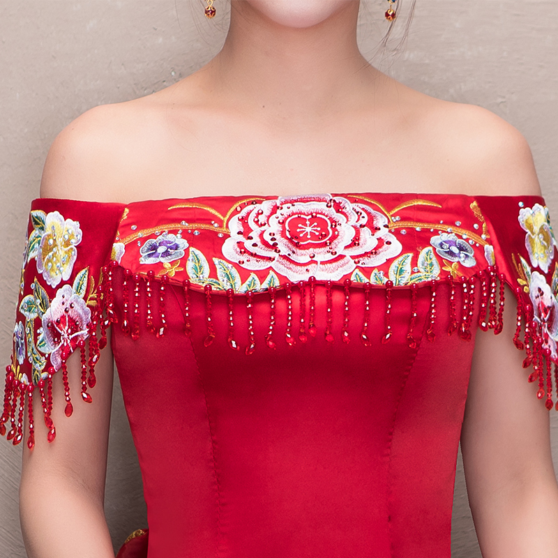 旗袍2017春夏新款一字肩结婚红色中式礼服秀
