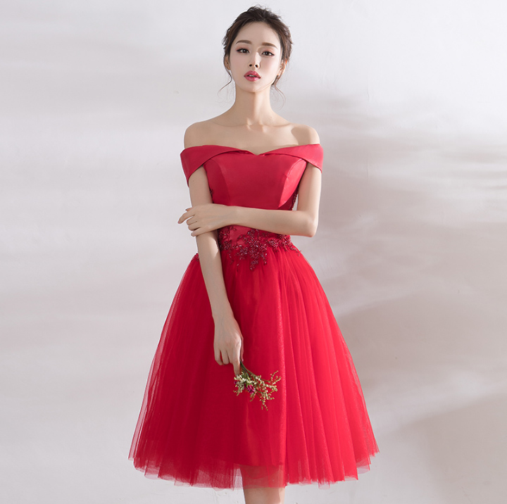 新款上市！新款春夏季紅色短款顯瘦一字肩結婚小禮服