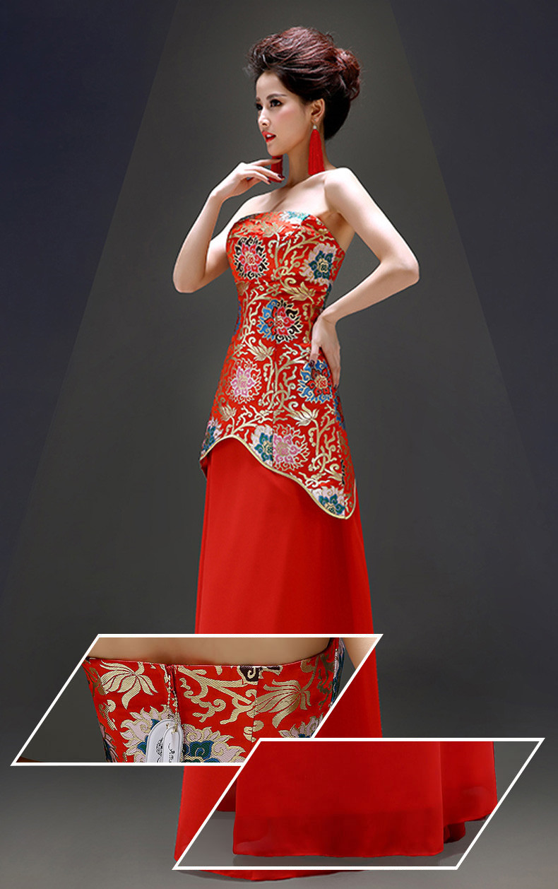 敬酒服新娘时尚改良2017新款夏季红色结婚抹胸旗袍长款中65