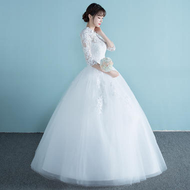 婚纱礼服新款春夏季立领新娘齐地孕妇修身一字肩韩式拖尾婚纱