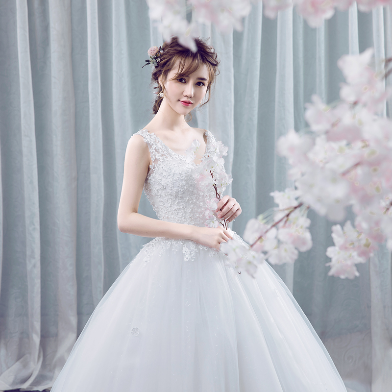 款雙肩V領新娘婚紗韓式蕾絲甜美時尚