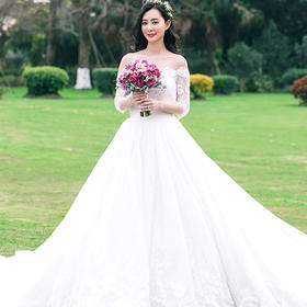 新款新娘结婚韩式长拖尾一字肩长袖齐地显瘦婚纱礼服春季486