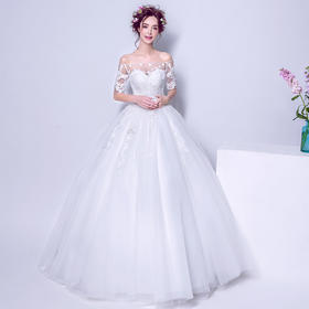 新款 时髦优雅 花朵透视一字肩短袖公主新娘婚纱礼服