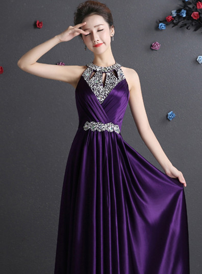 緞面水晶修身掛脖顯瘦紫色高雅晚禮服