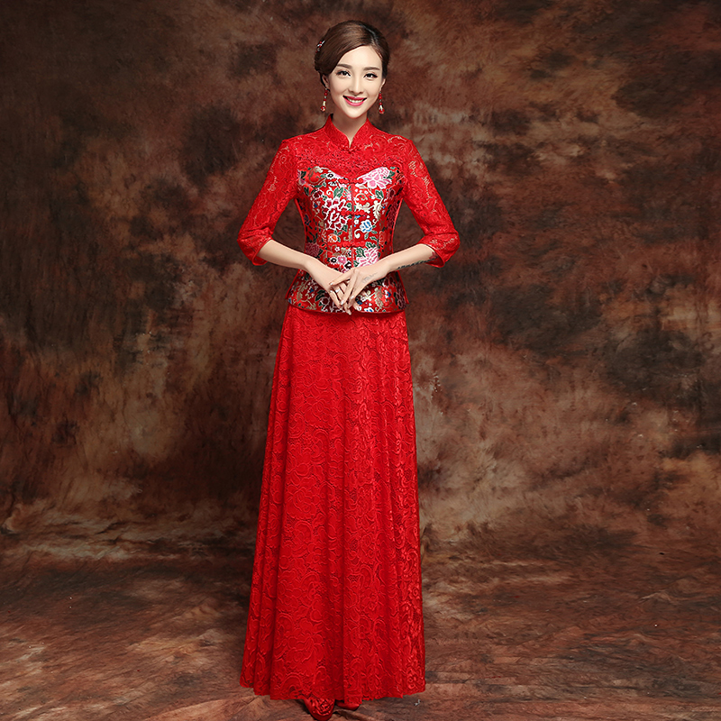 敬酒服新娘長款旗袍裙女紅色結婚禮服改良復古蕾絲修身晚禮服套裝