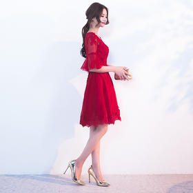 敬酒服新娘夏新款喇叭袖红色甜美结婚礼服短款修身显瘦连衣裙