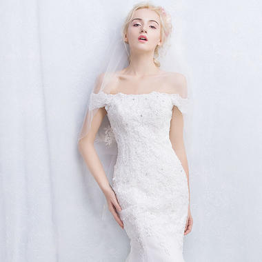 306新款春季新娘结婚一字肩鱼尾修身韩版蕾丝小拖尾婚纱礼服