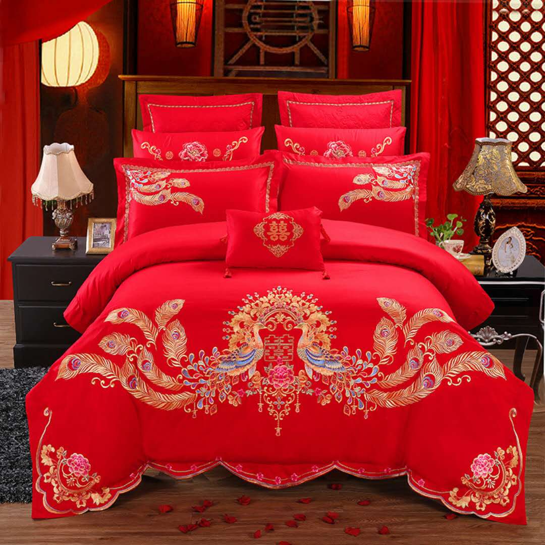 厂家直销杭州丝绸婚庆被套 中国风大红龙凤鸳鸯纯棉婚被床上用品-阿里巴巴