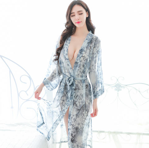 秋季女神新娘睡袍结婚化妆晨袍精品高档雪纺印