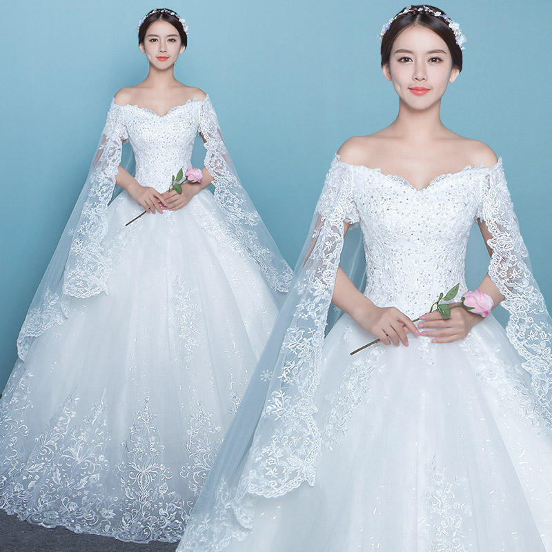 一字肩 修身显瘦 蕾丝魅惑！新款韩式新娘结婚修身大码显瘦