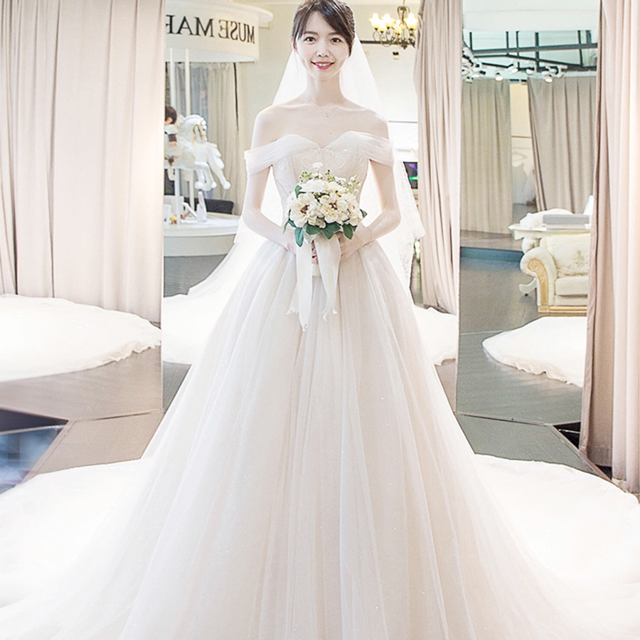 结婚韩版长拖尾公主齐地一字肩婚纱礼服
