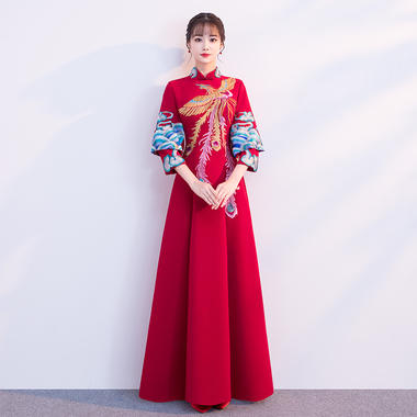 新娘中式敬酒服 新款冬季长袖红色晚礼服女中国风结婚修身