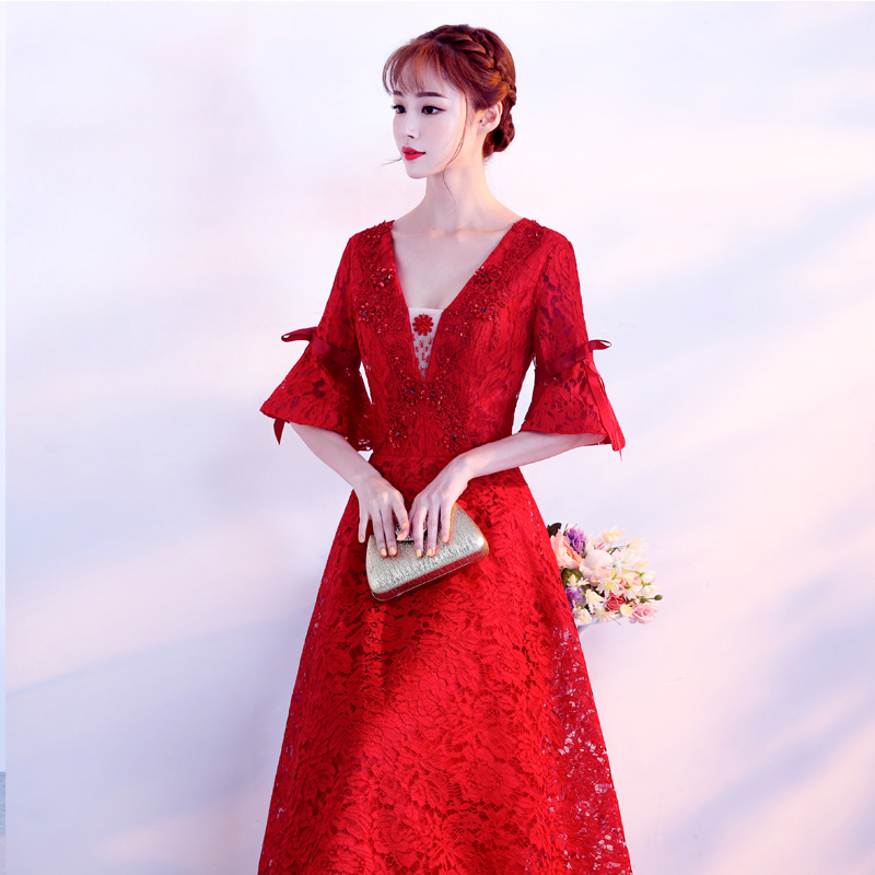 敬酒服新娘2018新款长款韩版结婚宴会晚礼服女红色回门服春季