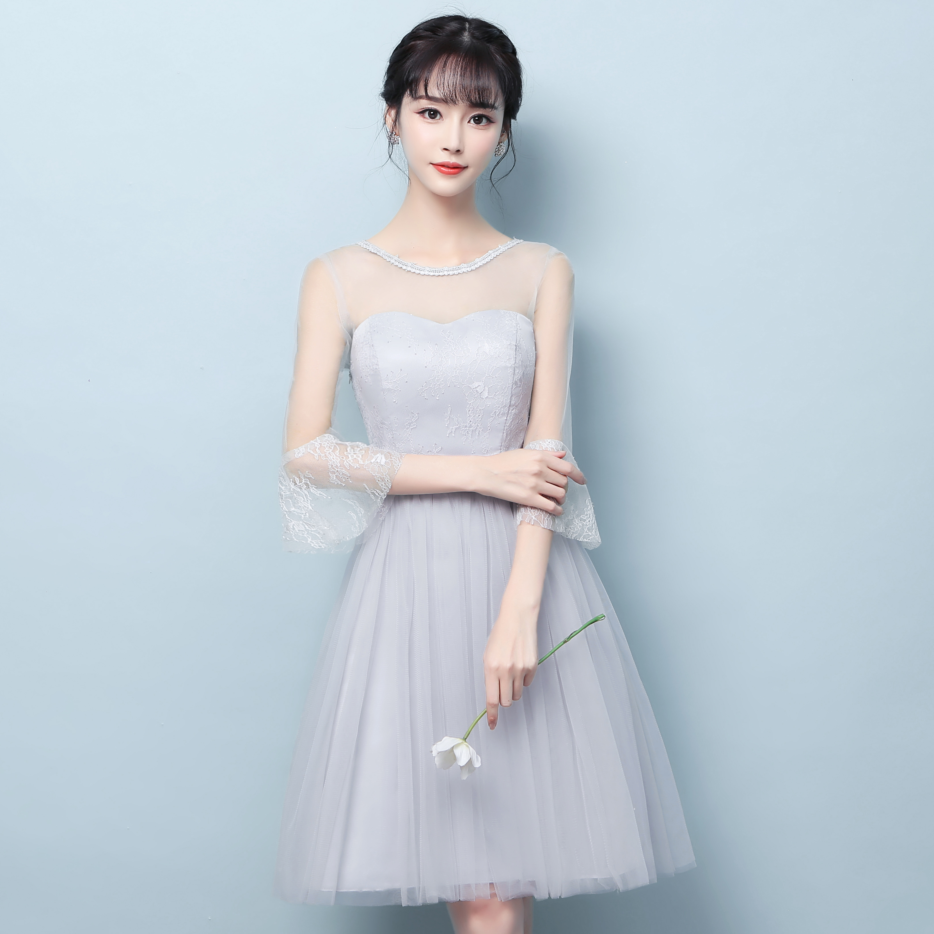 伴娘服短款灰色2018春季新款姐妹裙修身显瘦伴娘团姐妹裙小礼