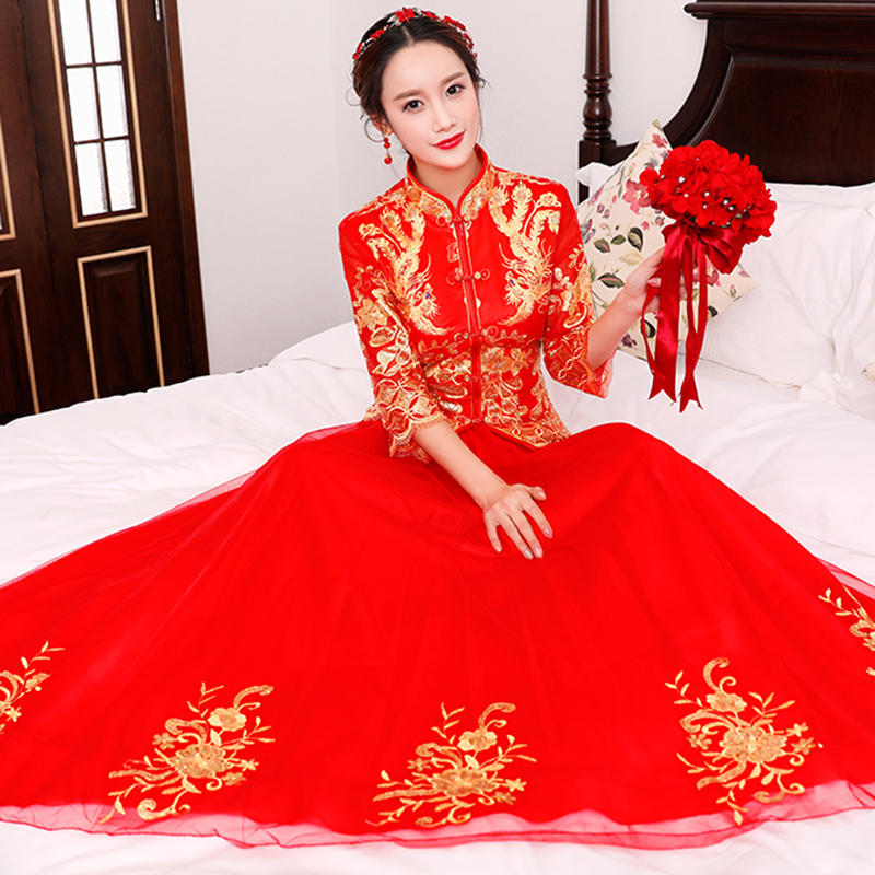 送头饰!敬酒服新娘旗袍红色结婚礼服女中式婚
