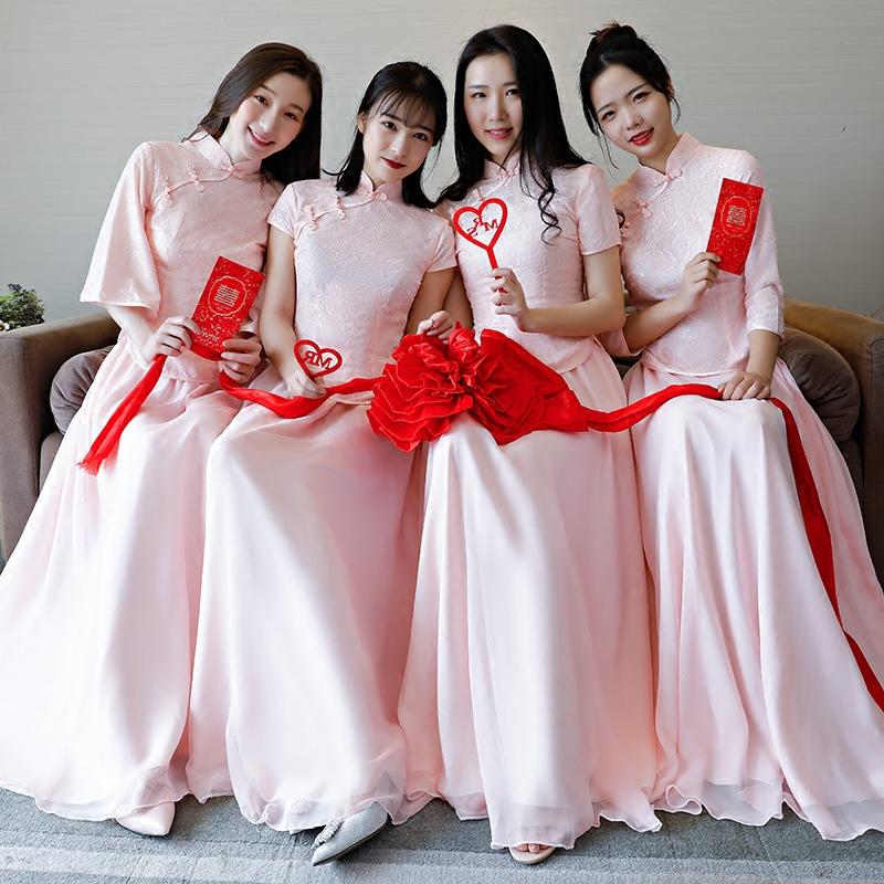 2018新款冬季中式伴娘服女长款姐妹团宴会礼