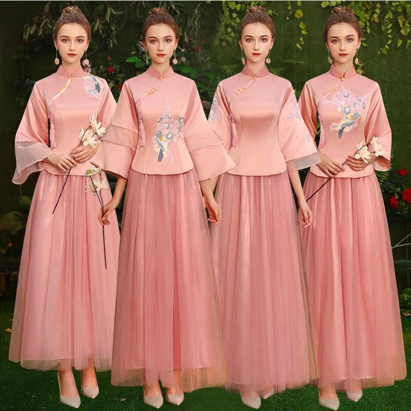 中式伴娘服新款长款粉色显瘦复古结婚礼服女冬季姐