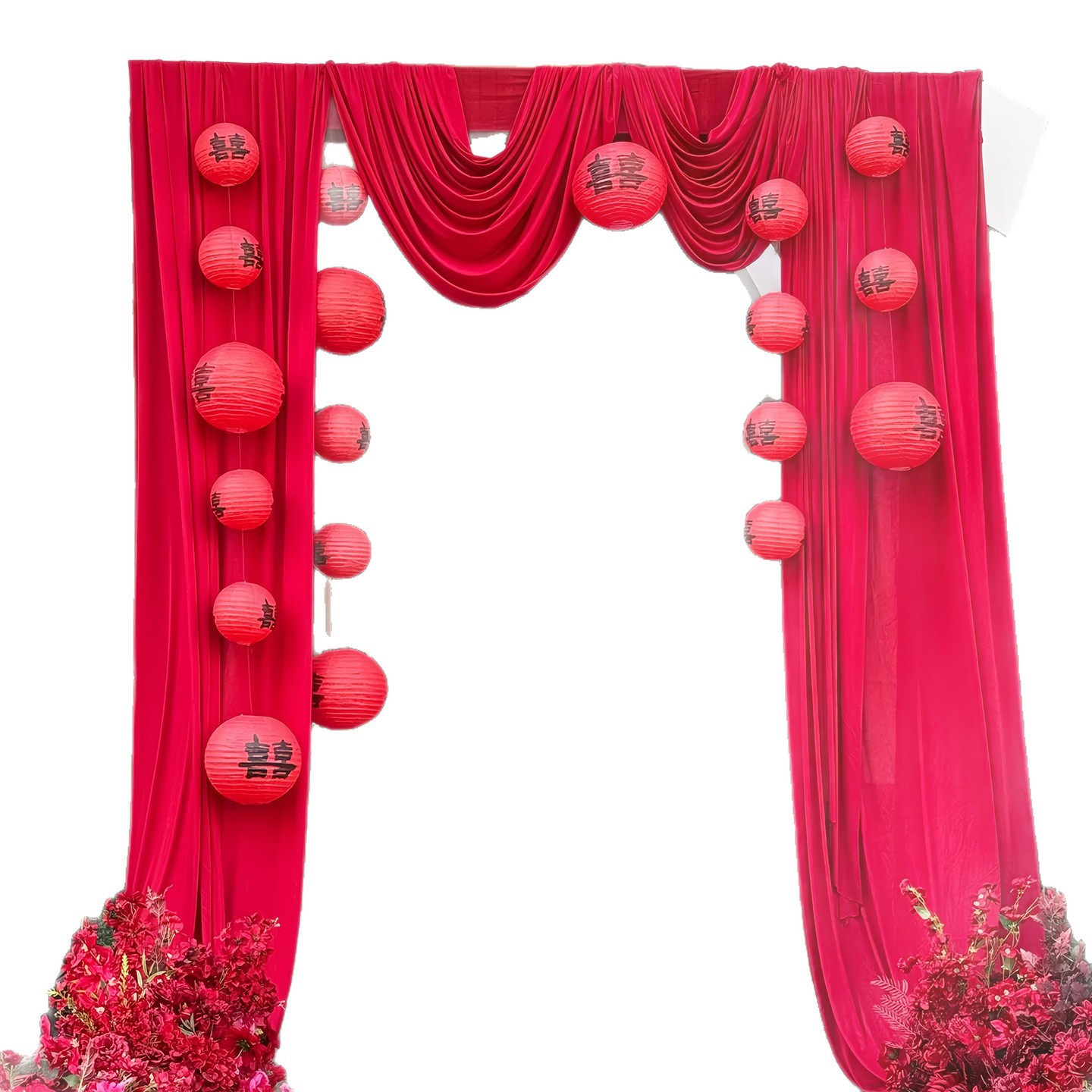 户外农村院子婚礼布置纱幔条幅拉花套装