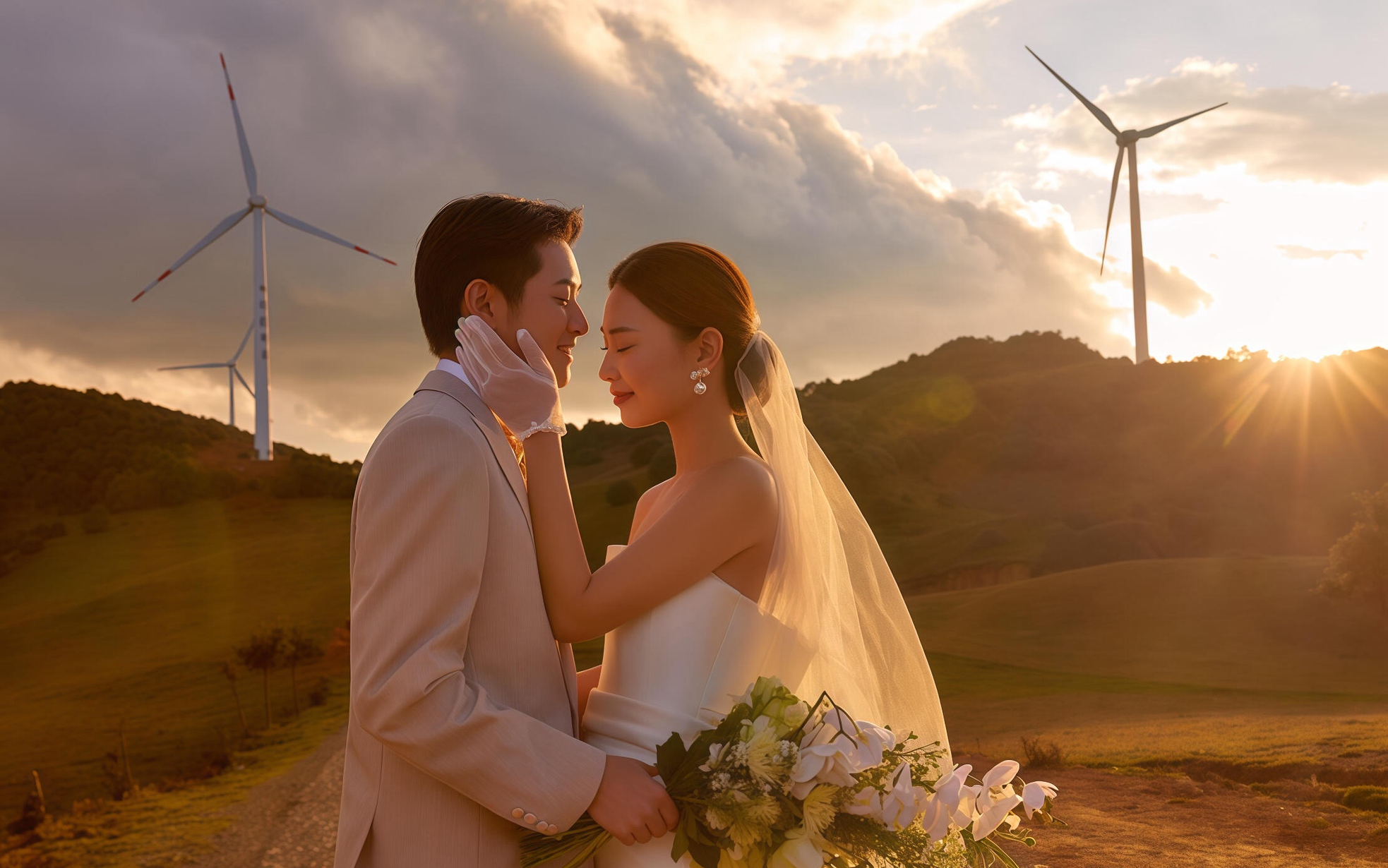 落日时分的风车山自带电影感