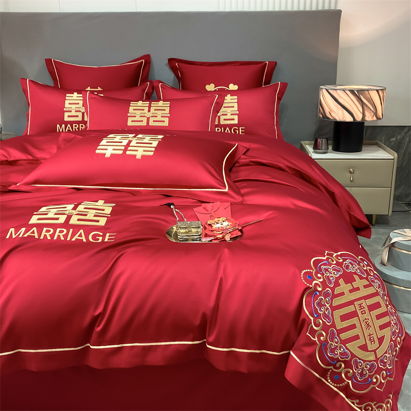新款水洗磨毛刺繡四件套婚慶系列959611（床單+被套+2個(gè)枕套））