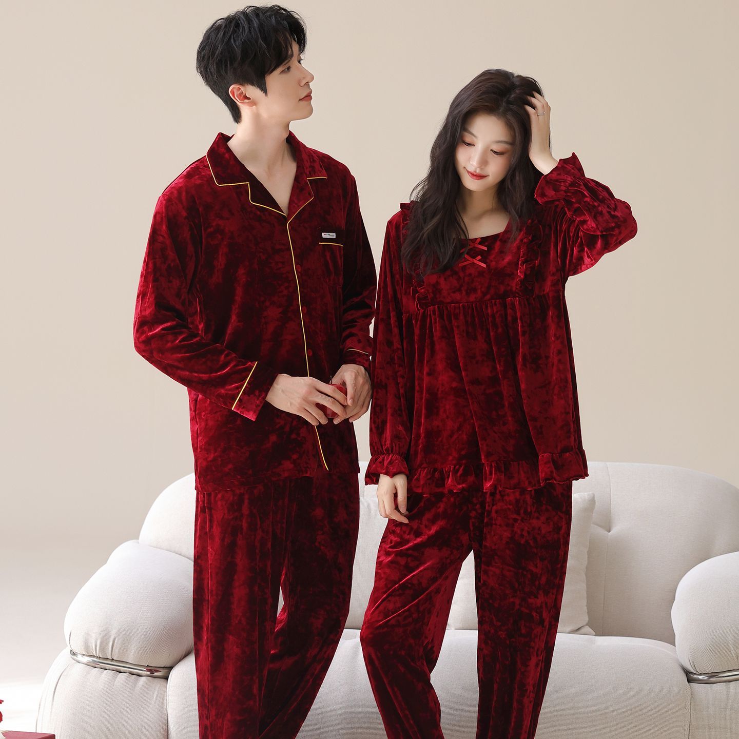 秋冬季钻石金丝绒加厚情侣睡衣