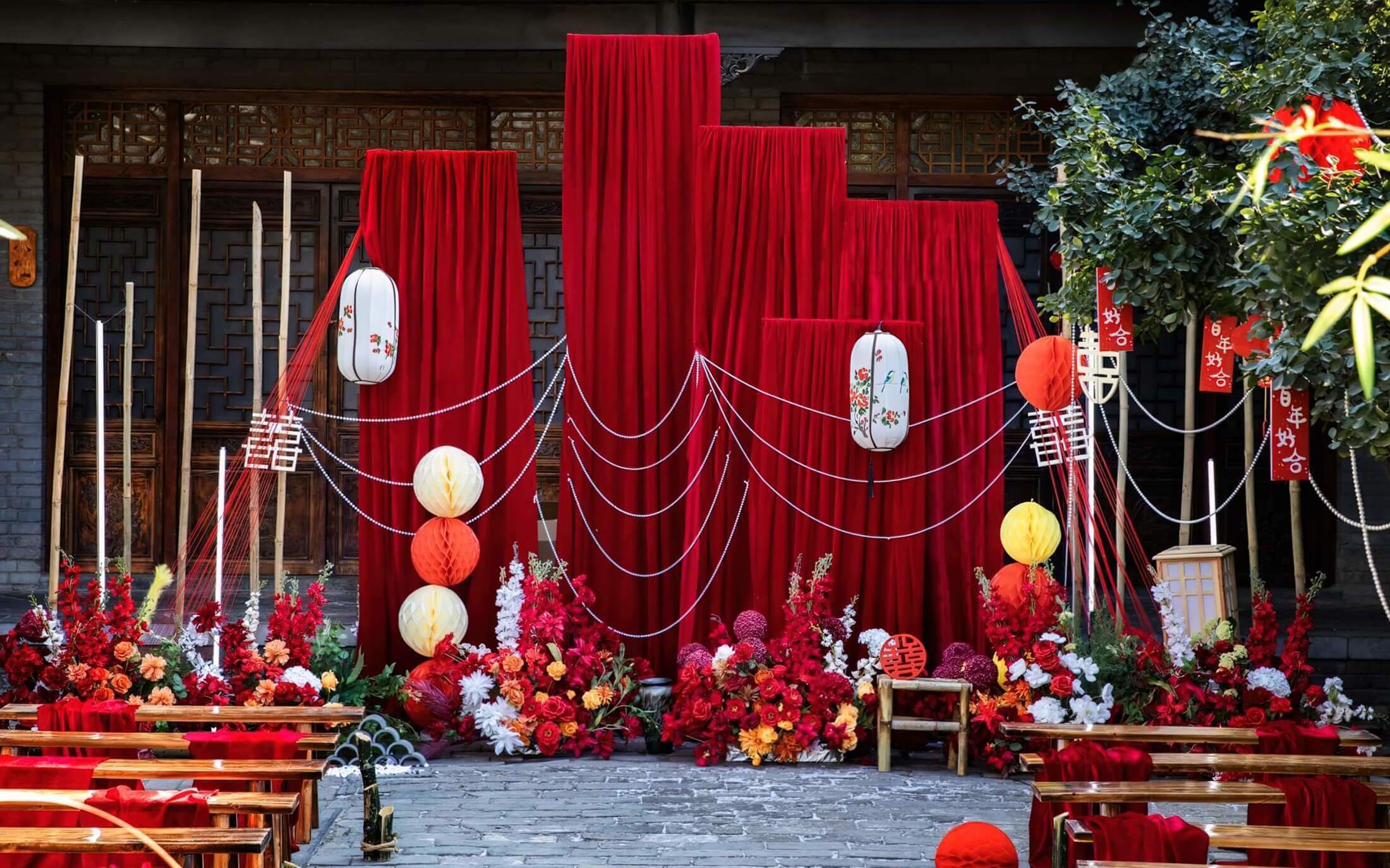 【美卡婚礼】户外庭院—红色布幔新中式农村婚礼