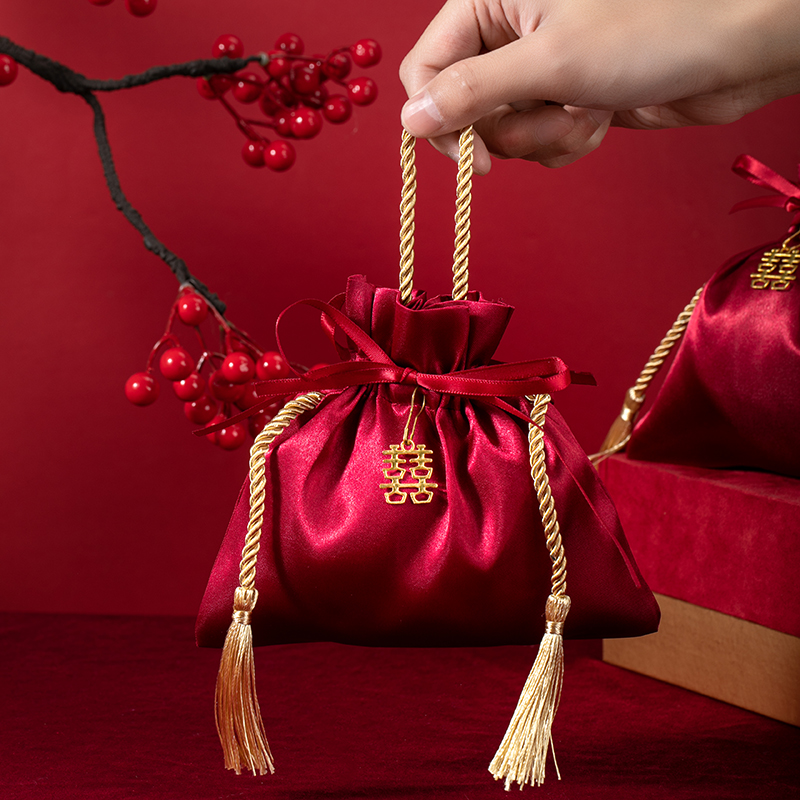 50個 貢緞喜糖袋金流蘇喜字款