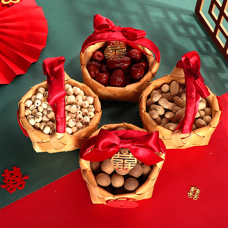 早生贵子手提篮订婚摆件篮子压床婚房布置干果模具
