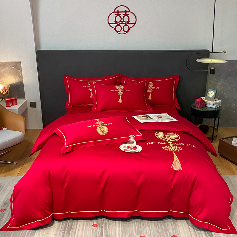 婚慶四件套新中式磨毛刺繡965587（床單+被套+2個枕套）